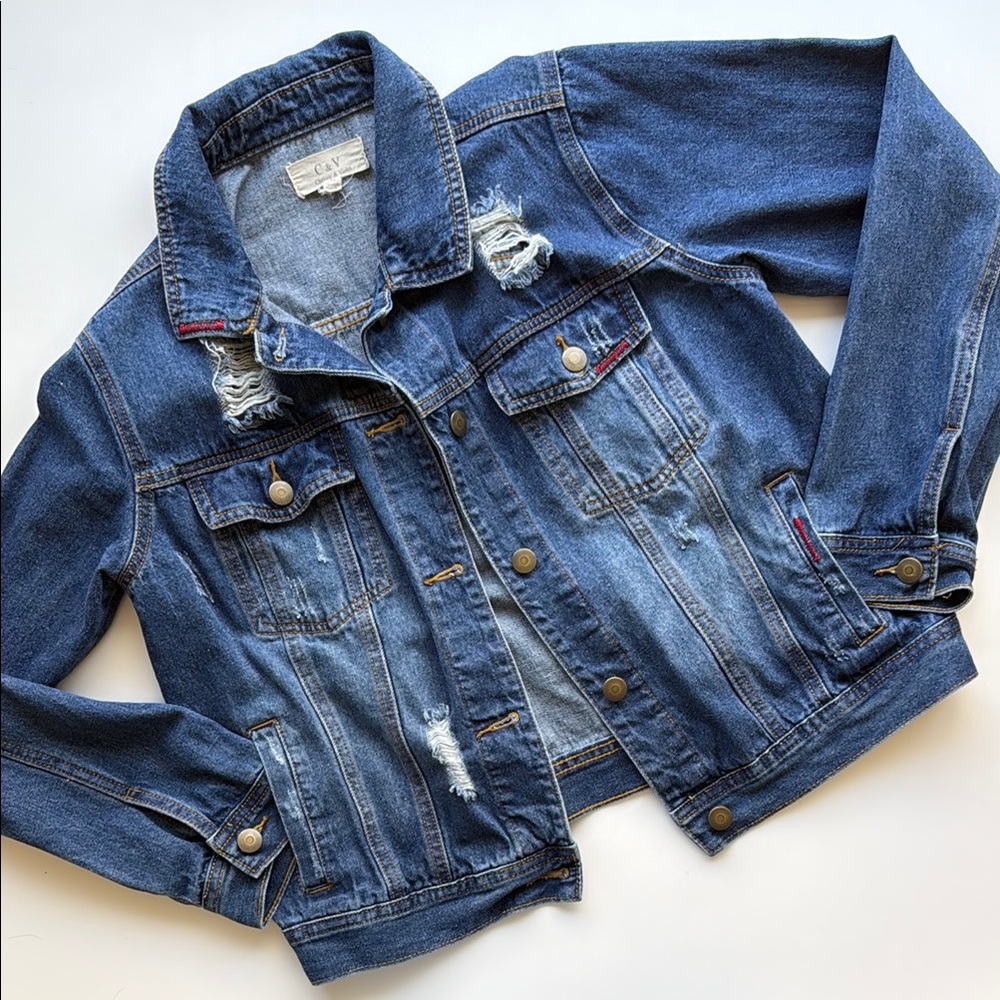 Chelsea & Violet distressed dark wash Jean jacket Medium